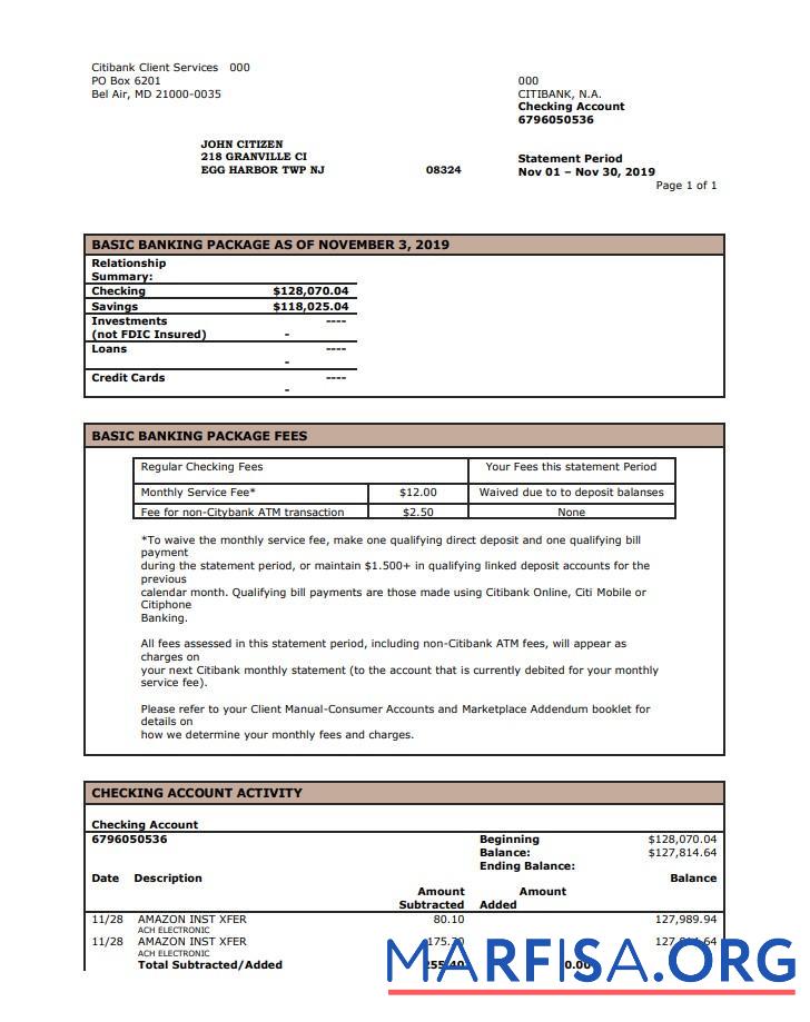 Printable USA City bank statement word example